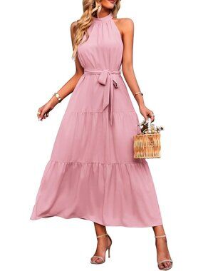 Women's Solid Pink Floral Maxi Dress Sleeveless Halter Neck Flowy Ruffle Dress